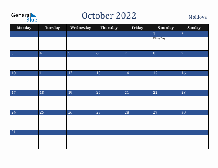 October 2022 Moldova Calendar (Monday Start)