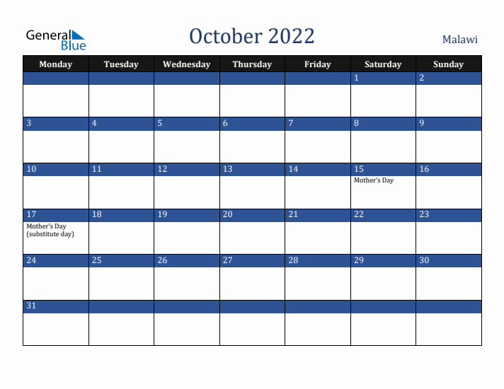 October 2022 Malawi Calendar (Monday Start)
