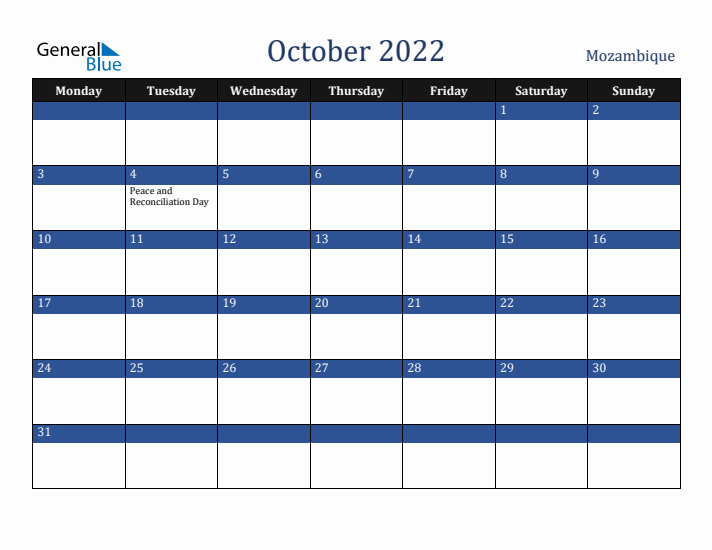 October 2022 Mozambique Calendar (Monday Start)