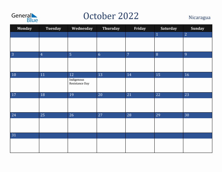 October 2022 Nicaragua Calendar (Monday Start)