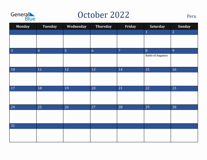 October 2022 Peru Calendar (Monday Start)