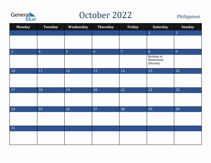 October 2022 Philippines Calendar (Monday Start)