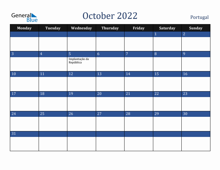 October 2022 Portugal Calendar (Monday Start)