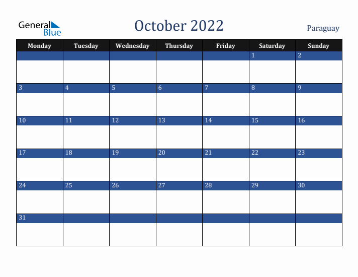 October 2022 Paraguay Calendar (Monday Start)