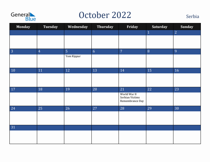 October 2022 Serbia Calendar (Monday Start)