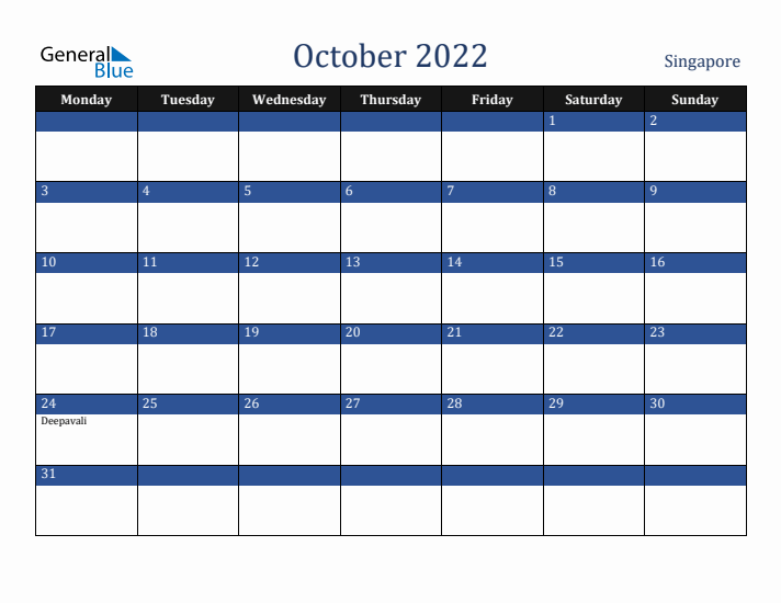 October 2022 Singapore Calendar (Monday Start)