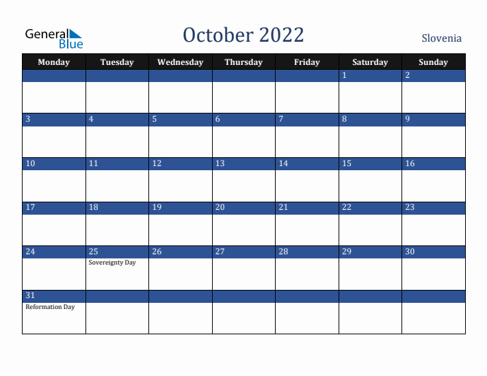 October 2022 Slovenia Calendar (Monday Start)