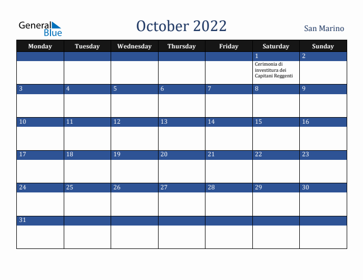 October 2022 San Marino Calendar (Monday Start)