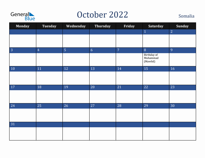October 2022 Somalia Calendar (Monday Start)