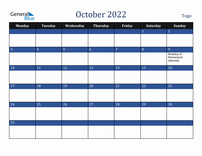 October 2022 Togo Calendar (Monday Start)
