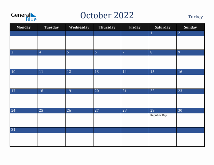 October 2022 Turkey Calendar (Monday Start)