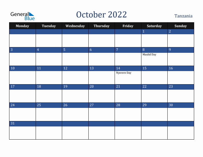 October 2022 Tanzania Calendar (Monday Start)