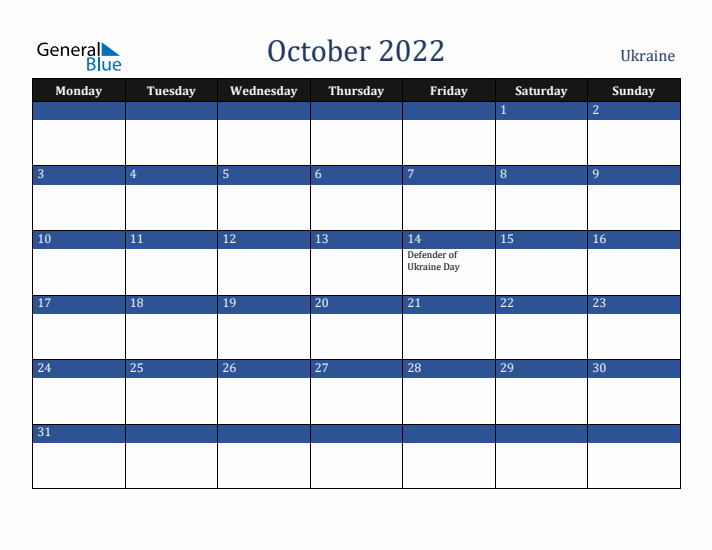 October 2022 Ukraine Calendar (Monday Start)