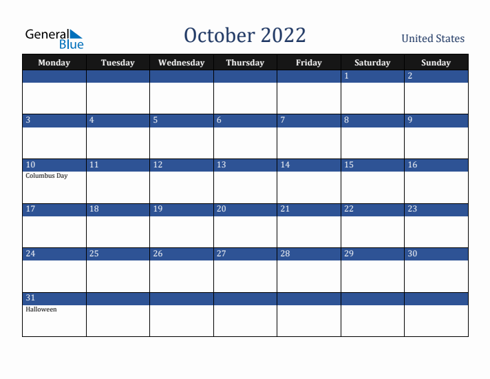 October 2022 United States Calendar (Monday Start)