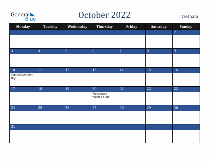 October 2022 Vietnam Calendar (Monday Start)