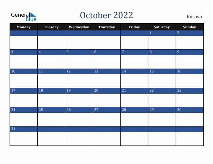 October 2022 Kosovo Calendar (Monday Start)