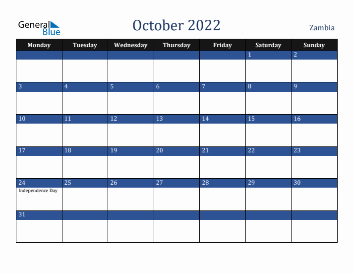 October 2022 Zambia Calendar (Monday Start)