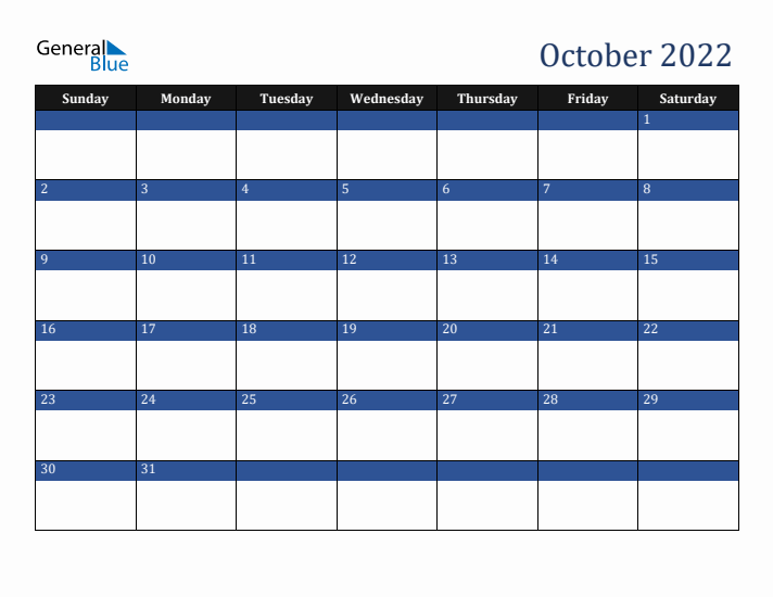 Sunday Start Calendar for October 2022