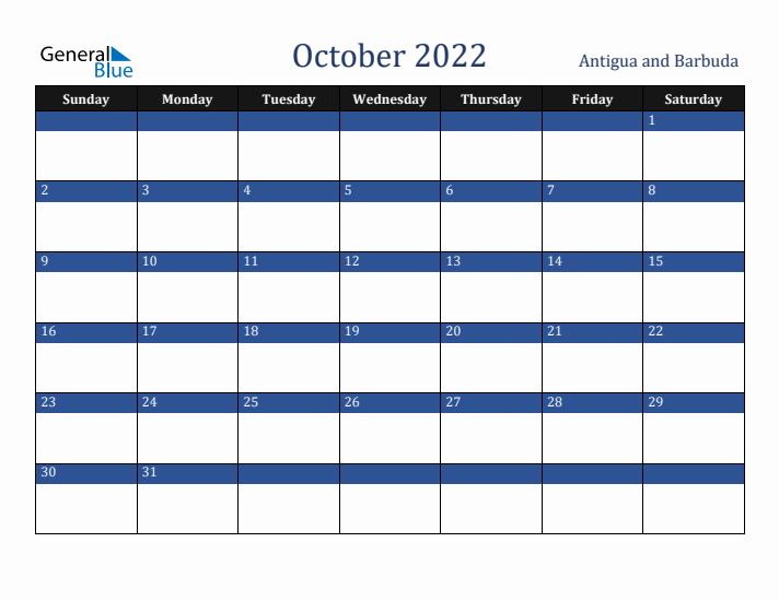 October 2022 Antigua and Barbuda Calendar (Sunday Start)