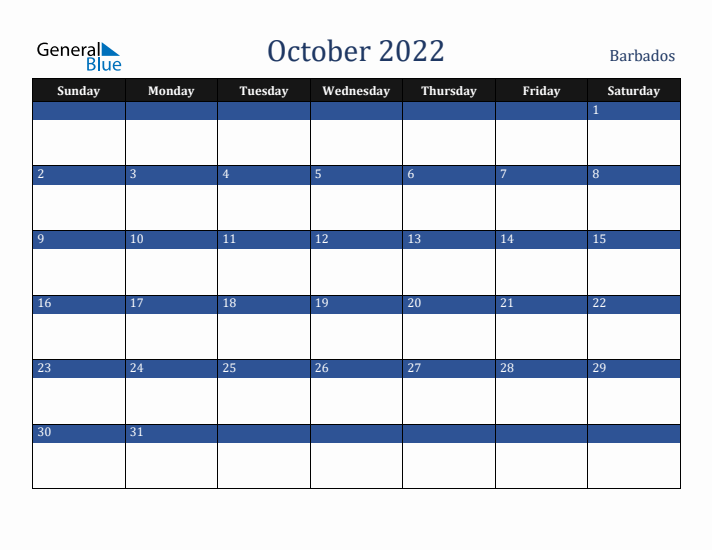 October 2022 Barbados Calendar (Sunday Start)