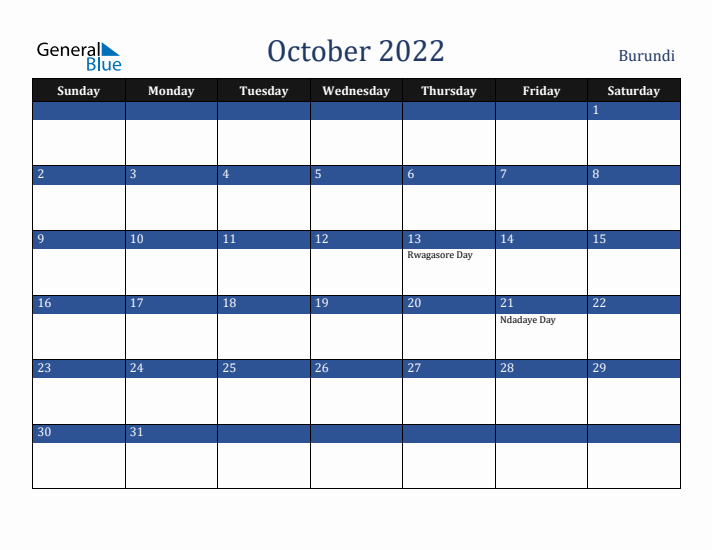 October 2022 Burundi Calendar (Sunday Start)