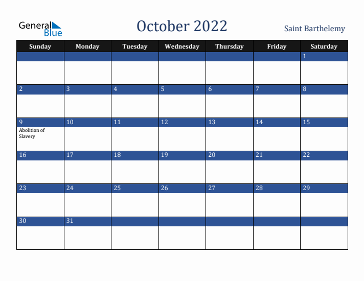 October 2022 Saint Barthelemy Calendar (Sunday Start)