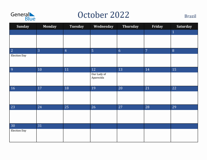 October 2022 Brazil Calendar (Sunday Start)