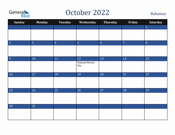 October 2022 Bahamas Calendar (Sunday Start)