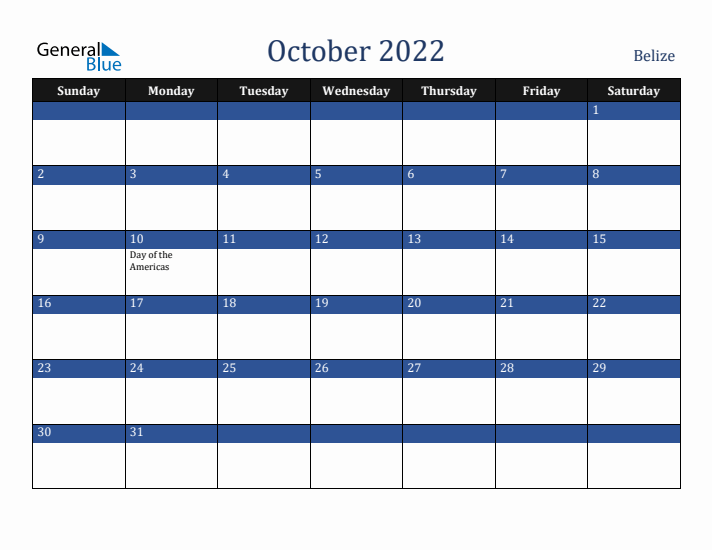 October 2022 Belize Calendar (Sunday Start)