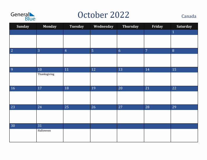 October 2022 Canada Calendar (Sunday Start)