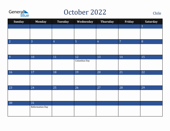 October 2022 Chile Calendar (Sunday Start)