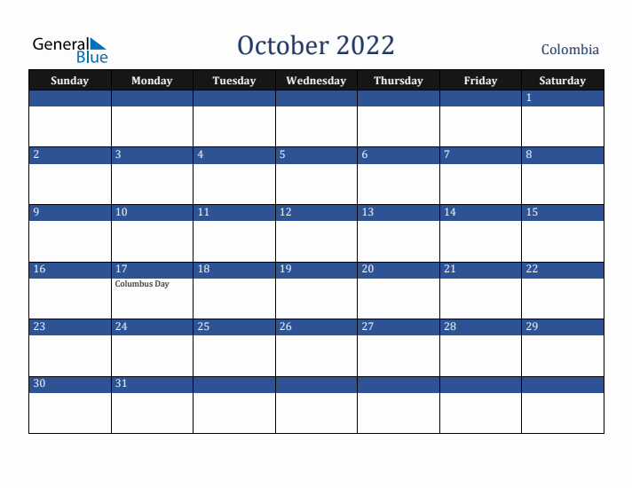 October 2022 Colombia Calendar (Sunday Start)
