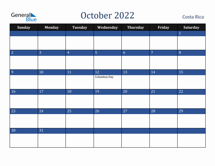 October 2022 Costa Rica Calendar (Sunday Start)