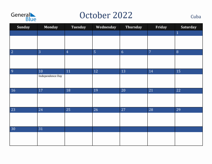 October 2022 Cuba Calendar (Sunday Start)