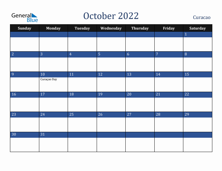 October 2022 Curacao Calendar (Sunday Start)