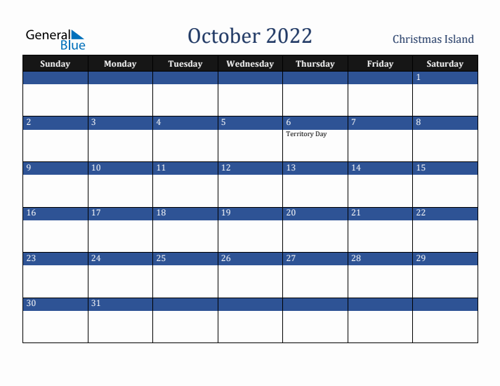 October 2022 Christmas Island Calendar (Sunday Start)