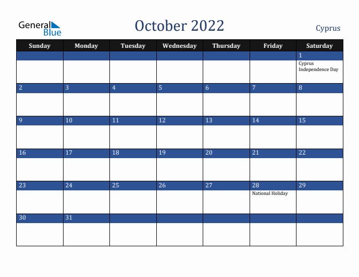 October 2022 Cyprus Calendar (Sunday Start)