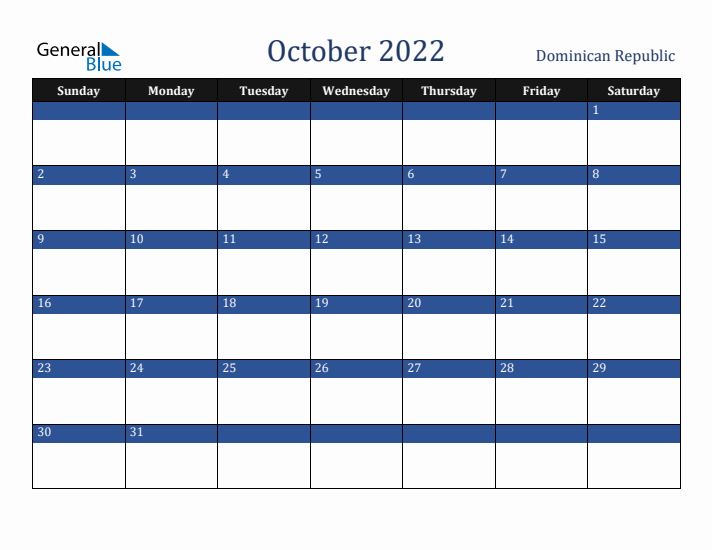 October 2022 Dominican Republic Calendar (Sunday Start)