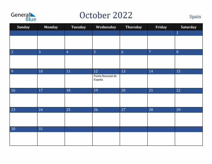 October 2022 Spain Calendar (Sunday Start)