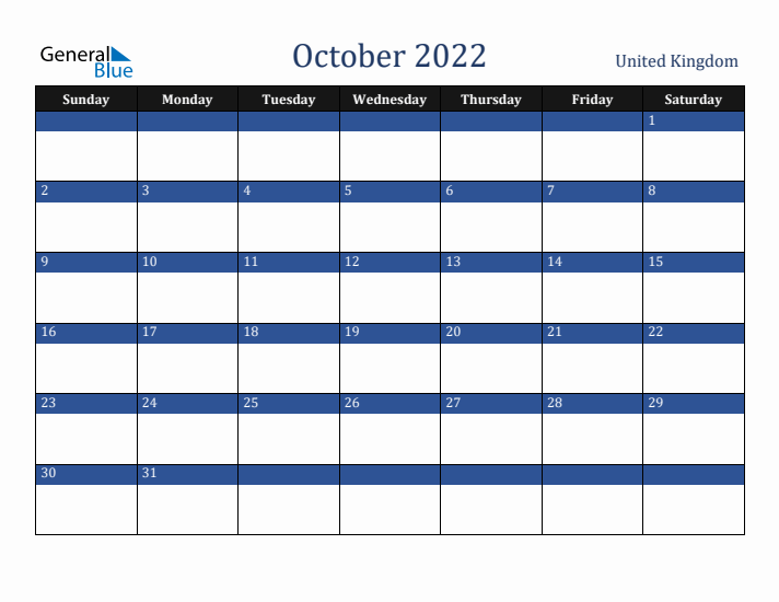 October 2022 United Kingdom Calendar (Sunday Start)