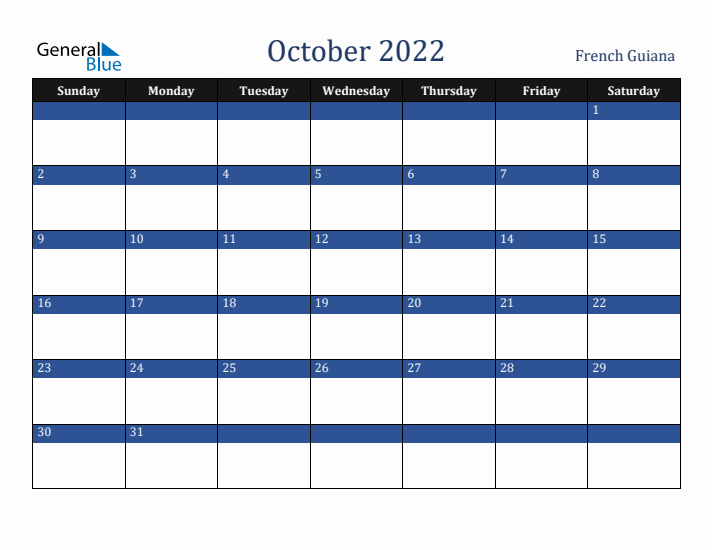 October 2022 French Guiana Calendar (Sunday Start)