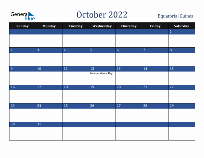 October 2022 Equatorial Guinea Calendar (Sunday Start)