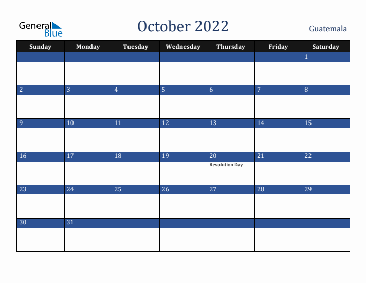 October 2022 Guatemala Calendar (Sunday Start)