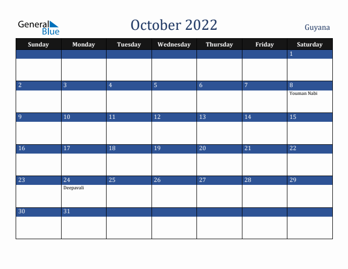 October 2022 Guyana Calendar (Sunday Start)