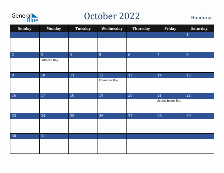 October 2022 Honduras Calendar (Sunday Start)