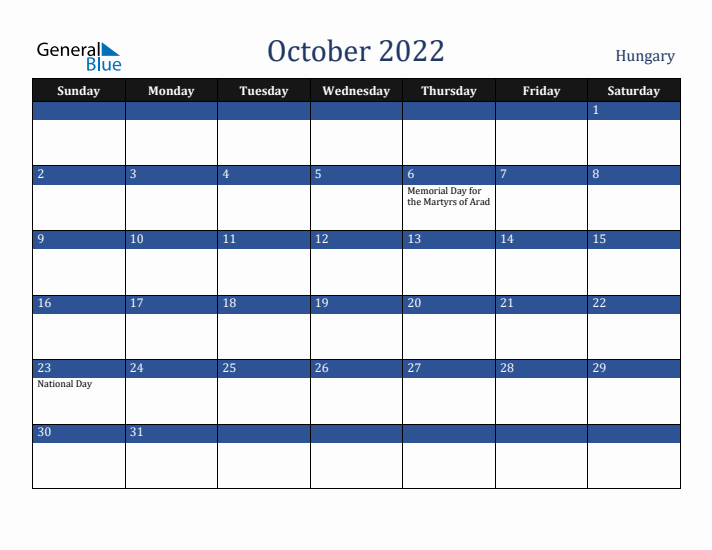 October 2022 Hungary Calendar (Sunday Start)