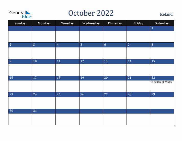 October 2022 Iceland Calendar (Sunday Start)