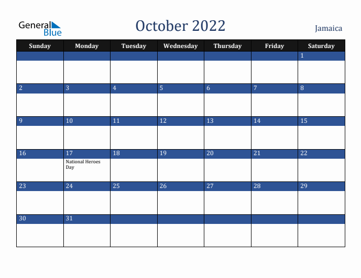 October 2022 Jamaica Calendar (Sunday Start)