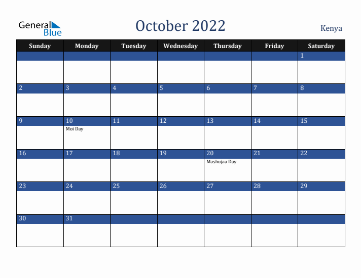 October 2022 Kenya Calendar (Sunday Start)