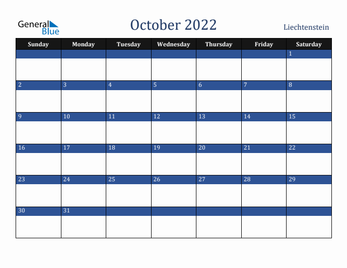 October 2022 Liechtenstein Calendar (Sunday Start)